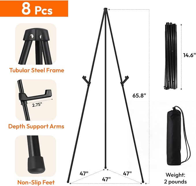 JEAWIWI 8 Pcs Lightweight Easel Stand, 66 Inch, Black, with Carry Bags | Adjustable Portable Metal Stands for Display, Wedding Sign Stand, Tripod Artist Easel for Painting, for Home & Office Use