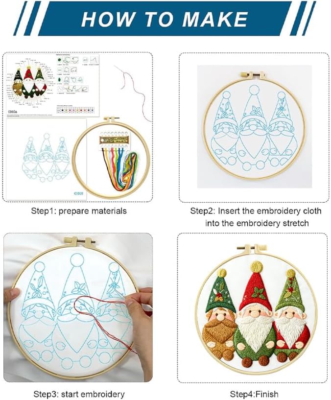 Zhenqing Christmas Gnome Embroidery Kit for Beginners, 3 Gnomes Needlework Kit with Pre-Printed Cotton Fabric, Hoop, Threads & Tools (C0028)