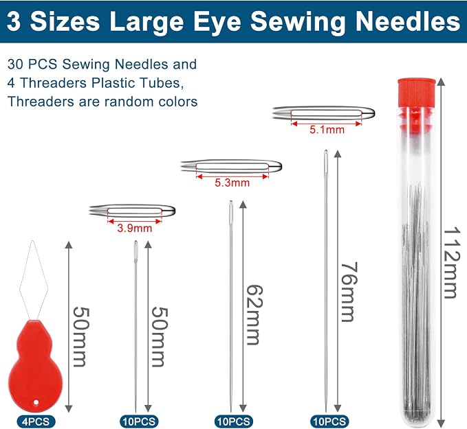 30pcs 3 Sizes Large Eye Embroidery Needles for Hand Sewing Crafts, Embroidery Needle Threader Cross Stitch for Crafts Leather Darning Tapestry Quilting Needlepoint Hand Sewing Supplies Accessories