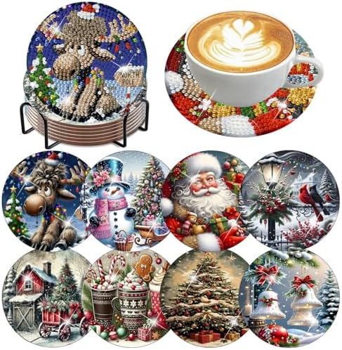 ijbnhd 8 PCS Christmas Diamond Art Coasters Kit 4X4inch (Cork Wooden Pad)