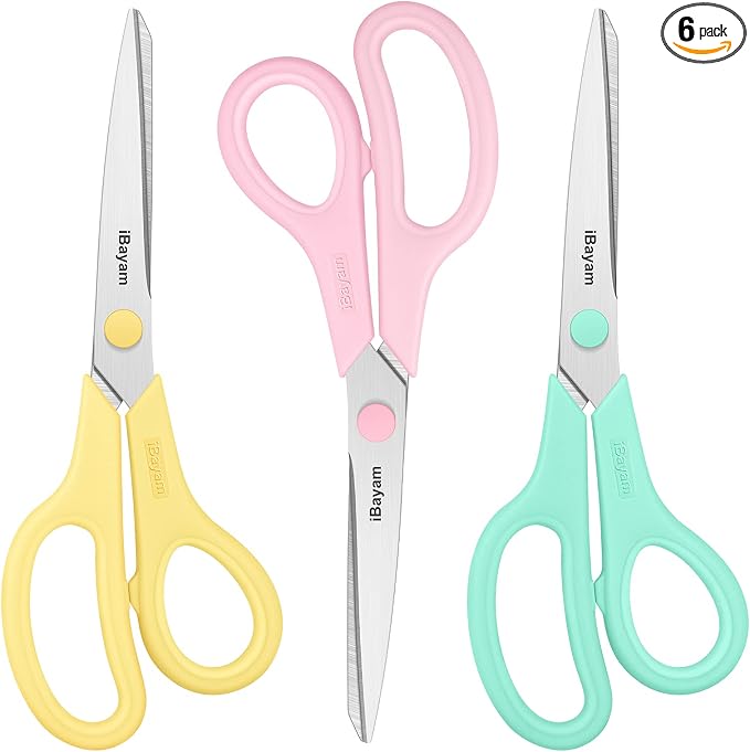 iBayam 8.5" All Purpose Yellow Pink Teal Scissors for School Office Teacher | 2.5mm Thick Blade Shears | Soft Comfort-grip | Left/Right Handed | Cute Office School Teacher Supplies | Home Sewing Fabric