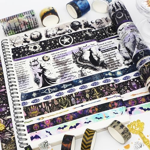 MPOPUUL Washi Tape Set 37 Rolls - Witches Theme Colored Decorative Adhesive Tape for Journaling, Vintage Artists Tape for Junk Journaling Supplies, Scrapbooking, DIY Crafts, Gift Wrapping, Planner