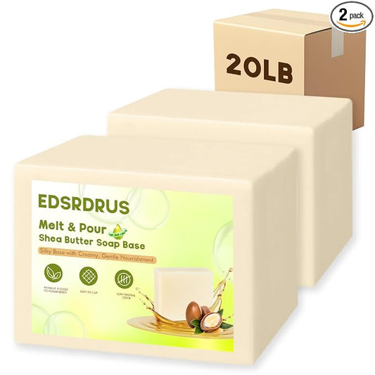EDSRDRUS 20lb Unscented Melt and Pour Soap Base, Fragrance-Free Bulk Glycerin Soap Making Supplies for Professionals – Upgraded Smooth Formula, Silky Melt & Fine Foam (Shea Butter, 20 Pound)