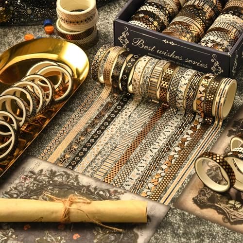 36 Rolls Skinny Washi Tape Set Gold Foil Detailing Arts Adhesive Tapes Basic Patterns Decorative Masking Tape Sets for Craft, Kids, Scrapbook, DIY, Gift Wrapping (Black & Gold)