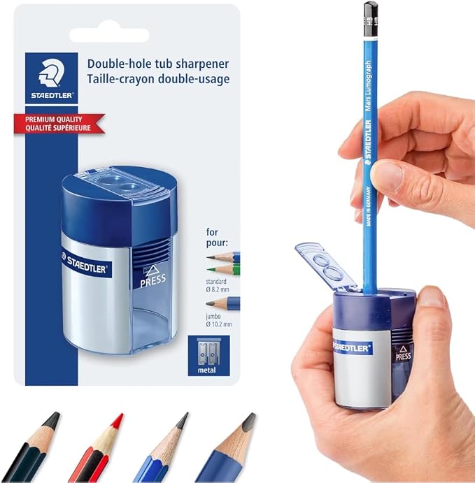 STAEDTLER Double-Hole Tub Pencil Sharpener, 12 Pack | Dual Size Manual Sharpener for Standard Graphite & Colored Pencils, Compact Design