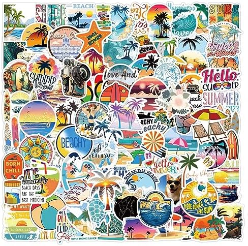 120PCS Hawaii Themed Stickers for Water Bottles, Summer Beach Scene Sticker Pack for Water Bottles Surfboard Laptop Surfing Journal Scrapbook, Tropical Vacation Travels Decals Décor for Adults