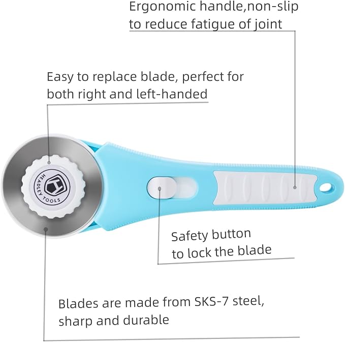 60mm Rotary Cutter with 5pcs Extra Blades, Bearing Design Rolling Cutter with Safety Lock for Fabric, Leather, Crafting, Sewing, Quilting, Fabric Rotary Cutter Perfect for Left & Right Hand (Blue)