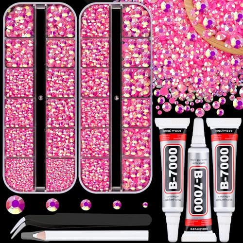 Resin Jelly Rhinestones for Crafting with B7000 Jewelry Glue, 2 Boxes Hot Pink AB Flatback Crystals with 3Pcs 10ml Glue, Bedazzling Non Hotfix Gems for DIY Tumblers Clothing Shoes Manicure