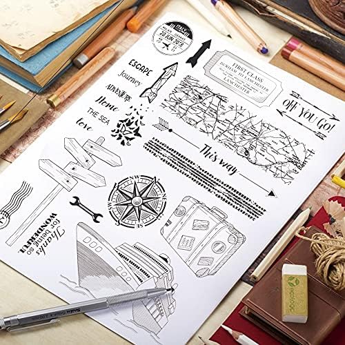 World Travel Ship Compass Map Clear Stamps for Card Making Decoration DIY Scrapbooking, Transparent Rubber Seal Stamps for Photo Card Album Crafting Supplies.