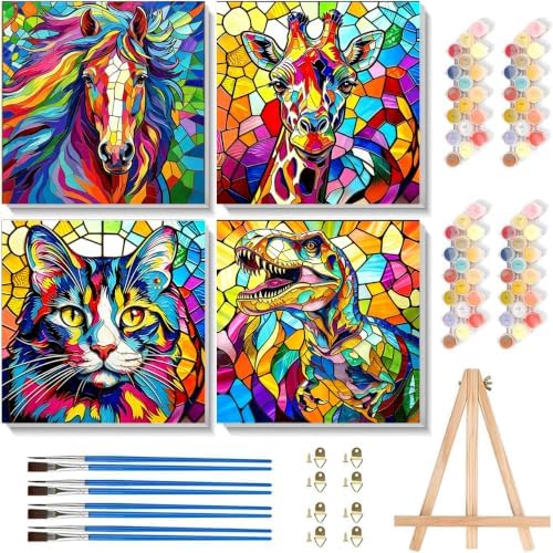 Tabszca 4 Pack Animals Paint by Numbers Kit for Kids with Frame 8x8 Inch