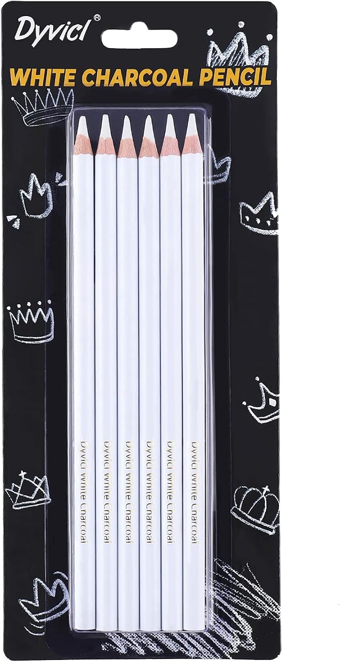 Dyvicl White Charcoal Pencils Drawing Set, 6 Pcs Sketch Highlight Pencil Hard Charcoal White Pencils for Drawing, Sketching, Shading, Blending