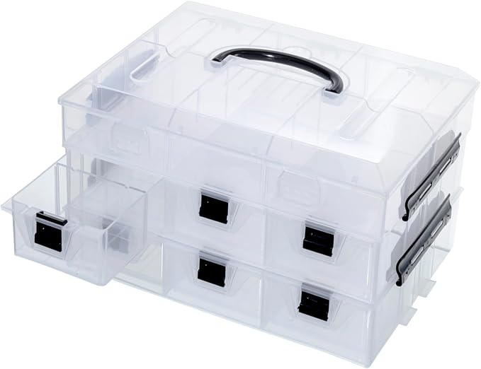 MyGift 11 Inch Clear Plastic Storage Box Container, Arts and Crafts Sewing Supplies Organizer Case with Black Accents, 24 Customizable Compartments, and 6 Drawers with Removable Dividers