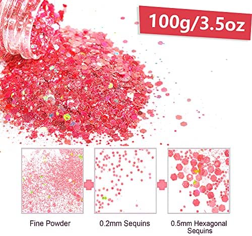 HEMOER Pink Glitter, 100g/3.5oz Holographic Chunky Glitter Mixed Hexagon Chunky & Fine Flakes Iridescent Sequins for Epoxy Crafts, Resin, Nail Body, Tumblers, Party Decoration