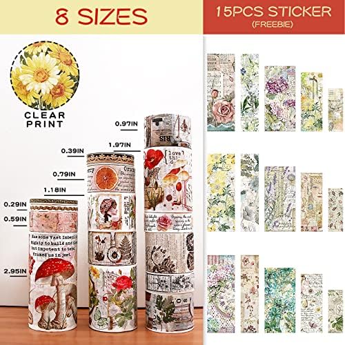 Vintage Washi Tape 18 Rolls & 15 Flower Stickers Set,75/50/30/25/20/15/10/5mm Wide Mushrooms,Butterfly,Floral,Letter Decorative Masking Tape Set for Journaling,Scrapbook Supplies, Arts&Crafts(Forest)