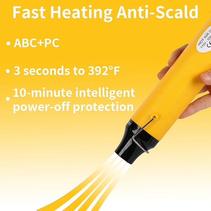 Heat Gun 300W, Handed Hot Air Gun for Crafting and DIY (Yellow) | 3.28FT Ultra-Long Cable Portable Heat Gun with Stand and Power Cord for Shrinking Wrapping PVC and Drying Paint