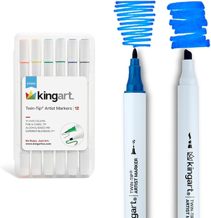 KINGART Studio Twin-Tip™ Permanent Alcohol-Based Sketch Markers, Storage/Travel Case, Set of 12 Unique Colors