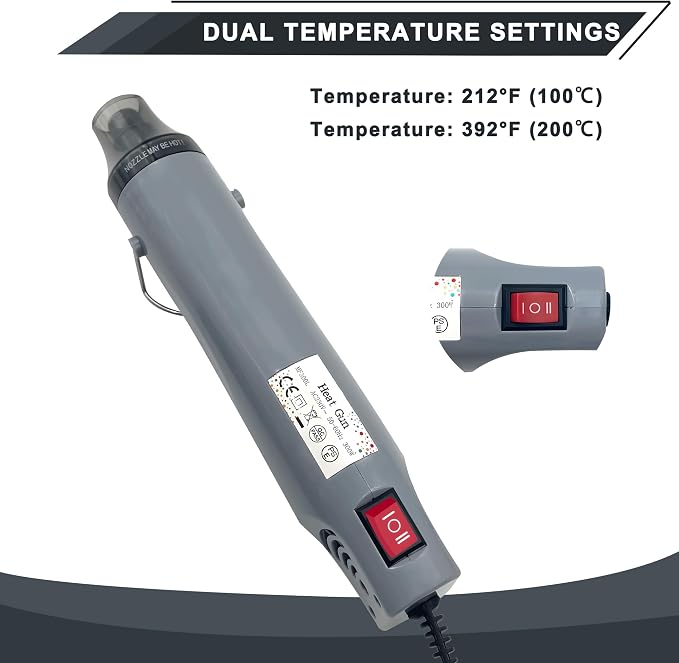Mini Heat Gun for Crafting, 300W 2-Temp Settings Fast Heat Hot Air Gun Tool for Crafting, Heat Gun for Craft Dryer, 6.56Ft Long Cable Overload Protection for Drying Paint, Shrink Tubing - Grey