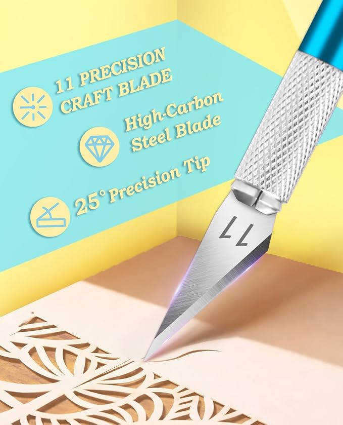 DIYSELF Precision Craft Knife with 10 Extra #11 Blades, 6-Inch Metal Ruler | Hobby Knife with Blades for Paper, Vinyl, Polymer Clay, Pottery & Models, Exacto Knife for Crafting, Crafters, Blue