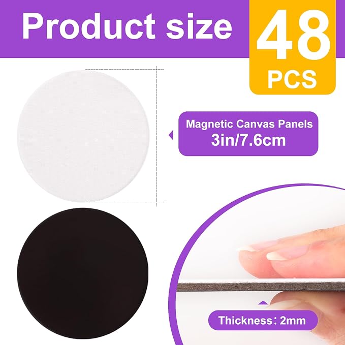 ESRICH 48Pack 3x3IN Round Mini Canvas Magnets, Small Magnetic Paint Canvas | Non-toxic, Ideal for Acrylic, Watercolor, Oil Painting, DIY Magnet Kit, Refrigerator Decor