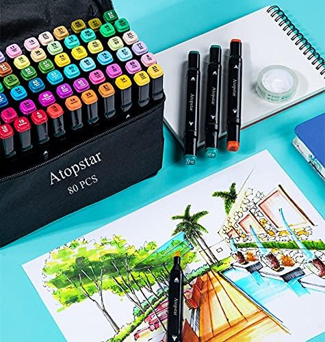 ATOPSTAR 80 Colors Alcohol Markers Pens Artist Drawing Art for Kids Dual Tip Adult Coloring Painting Supplies Perfect Boys Girls Students Adult(80 Black Shell)