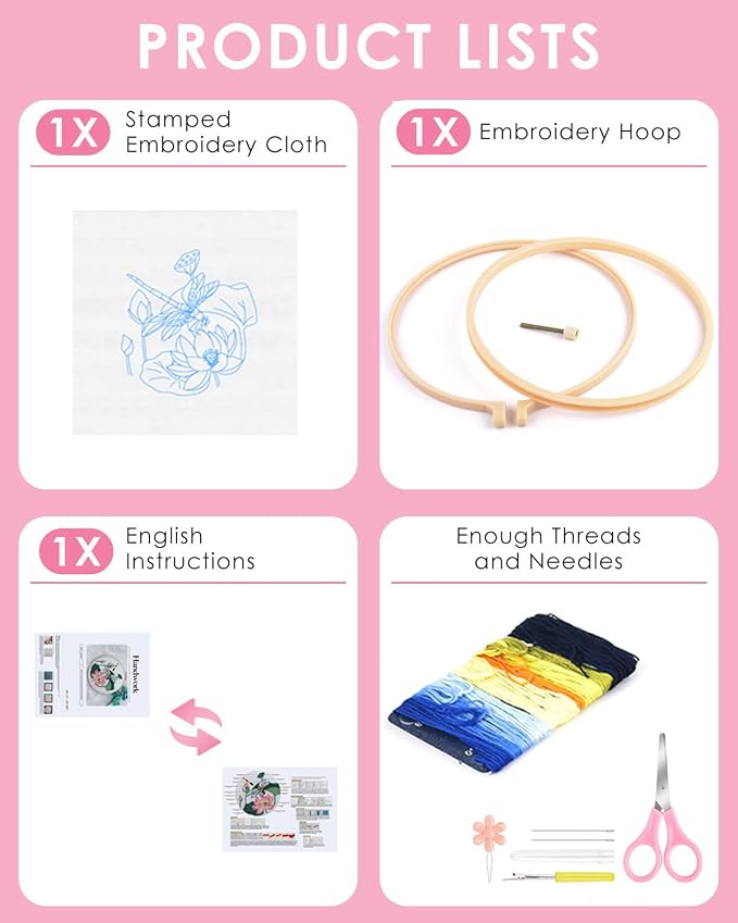TINDTOP Embroidery Kit for Beginners Adult, Dragonfly Embroidery Kit | Include Embroidery Cloth Hoops Threads for Craft Lover Hand Stitch with Embroidery Skill Techniques (Dragonfly)