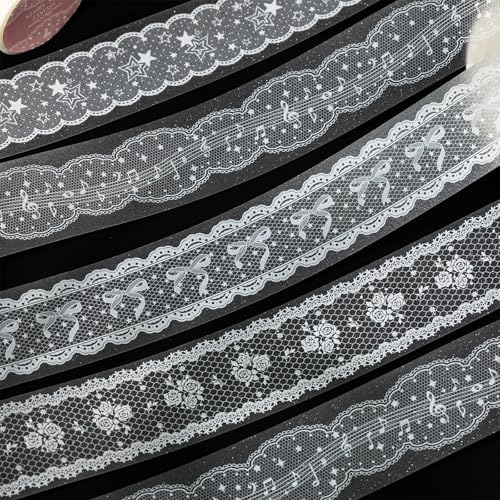White Lace PET Tape For Journaling Retro Glitter Scrapbook Lace PET Tape Stickers Aesthetic Music Note Star Bow Rose Flower Border Stickers for Scrapbooking Supplies Planner Gift Wraping Crafts Decor