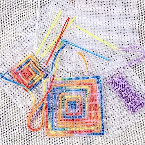 Allazone 45 PCS Mesh Plastic Canvas Sheets Kit, 3 Shape Clear Plastic Canvas, 12 Color Acrylic Yarn for DIY Crafts Embroidery Cross Stitch, Acrylic Yarn Crafting, Knit and Crochet Projects