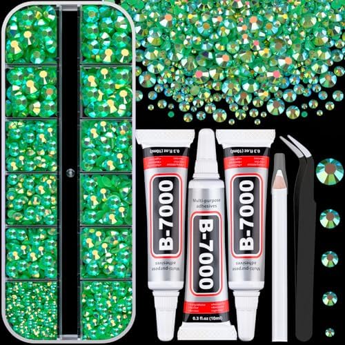 Resin Rhinestones for Crafting with 3Pcs 10ml B7000 Jewelry Glue, 1 Box Dark Green AB Flatback Gems Crystals Diamond for Bedazzling Crafts DIY Nail Art Makeup, Gems for Clothing Tumblers Shoes