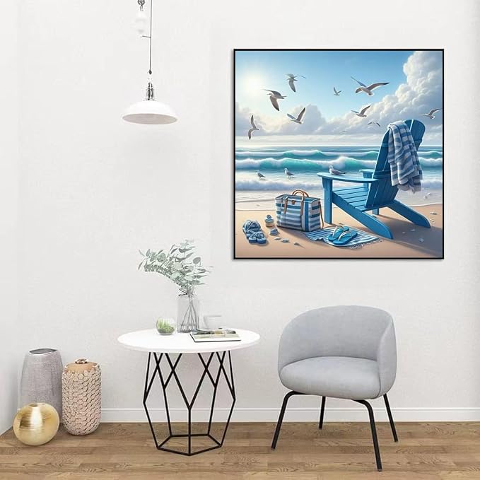 OJTOYART Beach Scenery Diamond Art Kits for Adults, 5D Deck Chair Diamond Painting Kits for Beginners,Scenery DIY Full Drill Gem Painting for Relaxation and Home Wall Decor 12 x 16 inch