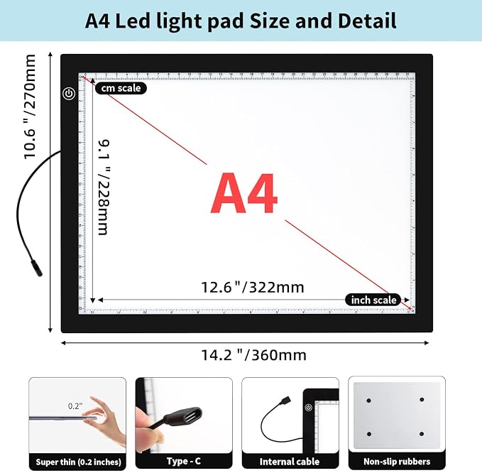 Zocelight A4 Light Pad for Diamond Art Kits for Adults,0.2" Ultra Thin Light Board with Stand and Clip for Diamond Painting Accessories,3 Levels Dimming Light Box for Drawing,Sketching,Animation