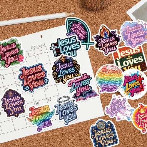 DothRayan 100PCS Neon Jesus Loves You Stickers Jesus Loves You Party Favors Birthday Party Decorations Vinyl Waterproof Stickers for Water Bottle Laptop Luggage