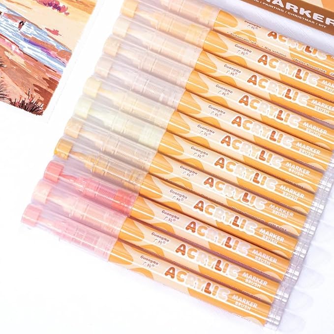 Guangna Skin Tone Acrylic Paint Art Markers, 24 Colors Brush Tip Skin Tone Markers Set, Perfect for Paper Wood Rock Glass Plastic Metal Canvas Comics Anime Coloring