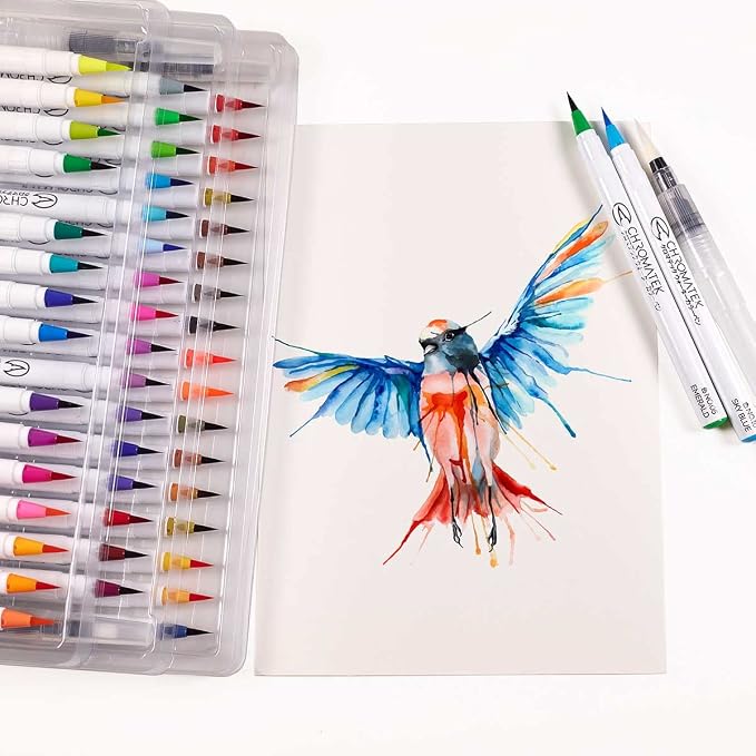 CHROMATEK 54 Watercolor Pens Set | Including 15 Page Pad & Online Video Tutorial Series | 4 Aquapens & 50 Unique Colors | Brush Pens | Easily Blendable, Vivid, Smooth | Professional Art Supplies