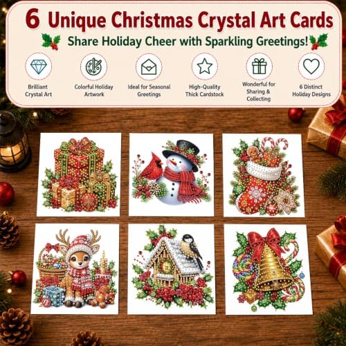 6Pcs Christmas Greeting Card DIY Diamond Art Painting Blessing Folding Card Kit for Adults Beginners with White Envelopes and Tools for Holiday Xmas Arts Crafts Gift-Christmas03