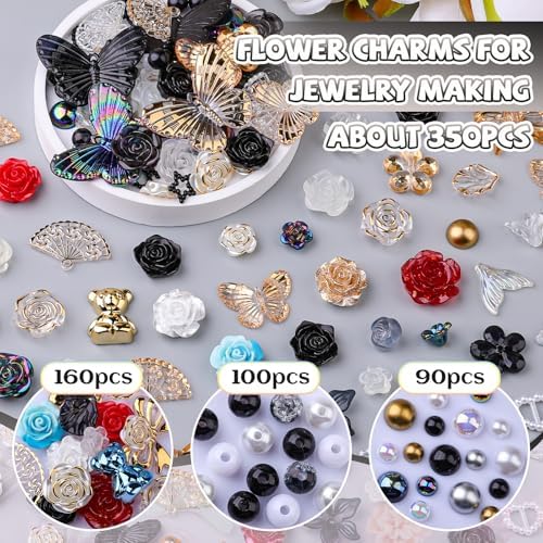 350 Pieces 3D Resin ABS Colorful Rose Flower Bows Butterfly Charms with Flatback Half Round Pearl Beads for Bracelet Earring Necklace Craft DIY Making Supplies