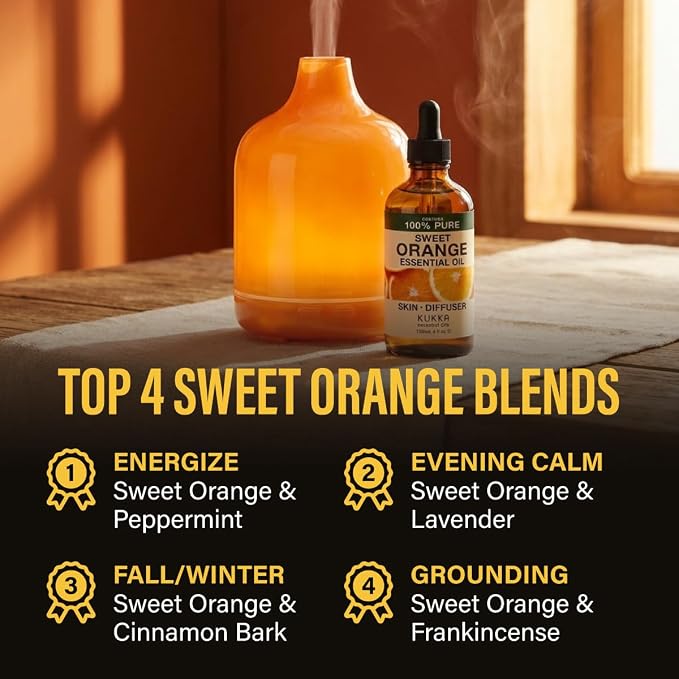Kukka 100% Pure Sweet Orange Essential Oil for Skin, Diffuser, 4 Fl Oz | Sweet Orange Citrus Oil, Undiluted Brazilian, Non-GMO, GC/MS Tested - for Diffuser, Aromatherapy, Body, Massage