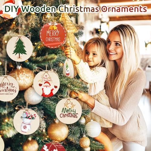 Philorn 50pcs Wooden Ornaments for Crafts 3.5" DIY Wooden Ornaments | for Crafts 3.5" Unfinished DIY Wooden Ornaments, Predrilled Wood Slices Circles for Crafts Paint Holiday Hanging Decorations