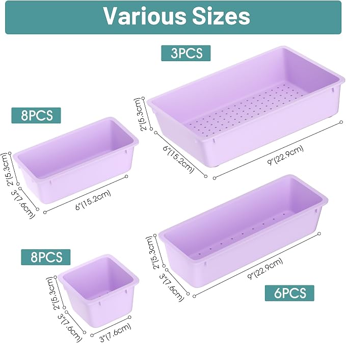 25 PCS Plastic Drawer Organizer Set, Makeup Organizers and Storage Bins | 4 Sizes Desk Drawer Divider Organizers and Storage Bins for Jewelry, Gadgets for Kitchen, Bedroom, Bathroom, Office, Purple