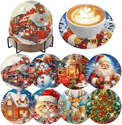 8 Pcs Christmas Diamond Painting Coasters Kits 4X4in (Cork Wooden Pad)