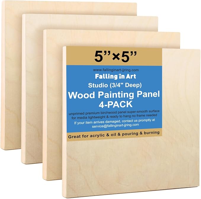 Falling in Art 4 Pack 5x5’’ Unfinished Birch Wood Panels Kit for Painting | Studio 3/4’’ Deep Wooden Canvas, Cradle Boards for Acrylic Pouring, Art, Crafts, Epoxy Resin, Laser Engraving Cutting