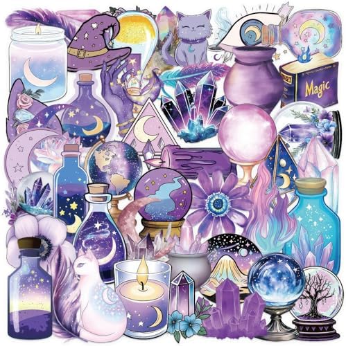 50 Pack Magic Witch Holographic Stickers for Teens- Transparent Waterproof PET Stickers for Journal, Phone Case, Cup, Laptop, Scrapbook- Ins Aesthetic Scrapbook Decorations