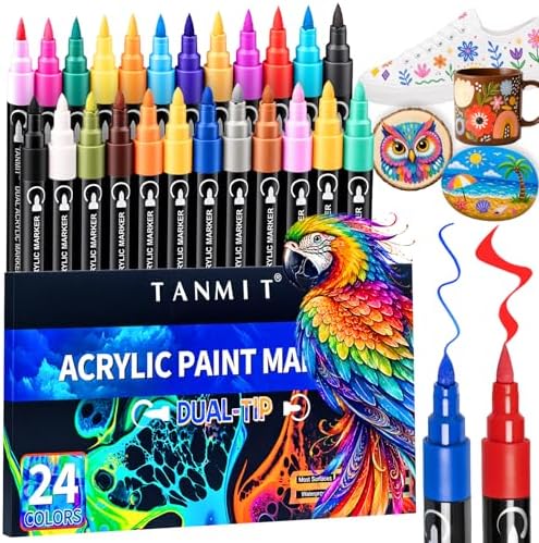 TANMIT 24 Colors Dual Tip Acrylic Paint Markers, Paint Pens Set with Brush Tip and Fine Tip For Fabric, Rock, Wood, Glass, Eggs, Scrapbook, DIY Crafts Making Art Supplies - Teacher Appreciation Gift