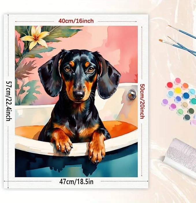 Animal Paint by Numbers Kit for Adults - DIY Dachshund Dog in Bathtub Painting on Canvas 16x20 Inch, Acrylic Paint Set, Suitable for Beginners, Art for Home Decoration or Gifts