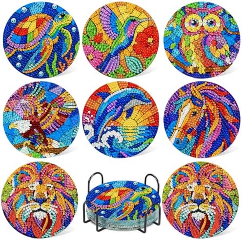 CRZMODE 8 Pcs Stained Glass Animals Diamond Art Coasters Kits, Diamond Painting Coasters with Holder Set of 8, DIY Animals Art Crafts Supplies for Adults Cup Mat House Warming Gifts Non-Slip