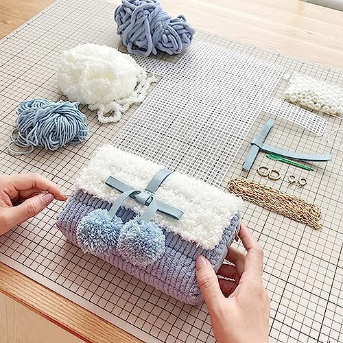Allazone 58 PCS Clear Plastic Mesh Canvas Sheets for Embroidery, Plastic Mesh Sheets Plastic Canvas with 12 Color Acrylic Yarn for DIY Sewing Bag