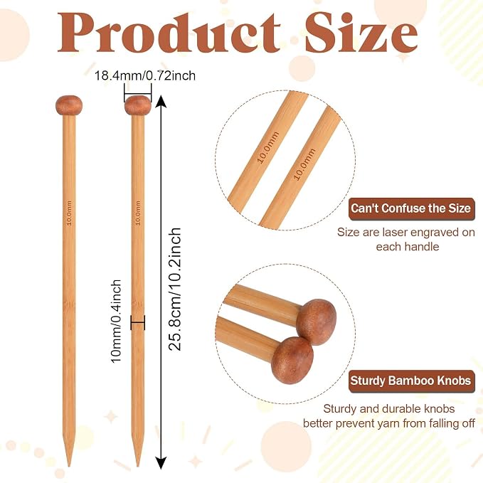 2pcs Bamboo Knitting Needles 10-Inch Long Wooden Knitting Needles 9mm