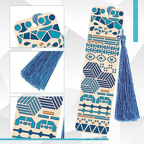 TaoBary 92 Pcs 4.8 x 1.3 Inch Geometry Wood Bookmark Making Kit Includes 36 Unfinished Blank Bookmarks 36 Tassels 20 Templates, Back to School DIY Painting Craft for Home Class Holiday Teachers Gift