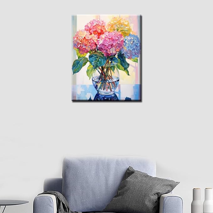 Tucocoo Hydrangea in Glass Vase Window Landscape Paint by Numbers for Adults Beautiful Flower DIY Paint by Numbers Acrylic Paint Canvas Colorful Flowers Painting Kits Art 16x20 Inch（DIY Frame）