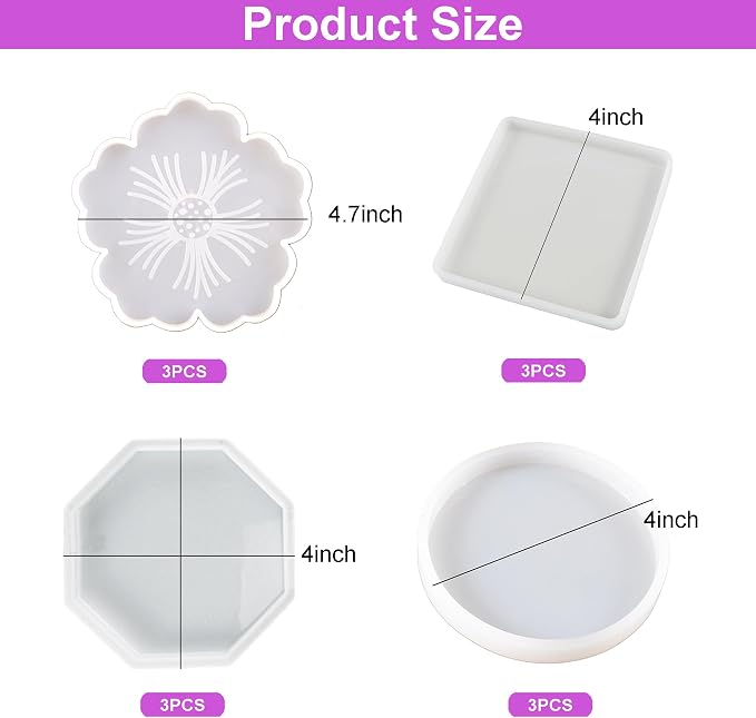Resin Coaster Molds,Silicone Molds for Resin,12PCS with Round,Square,Octagon, Flower Coaster Molds for Epoxy Resi n,4 Shapes Silicone Molds for DIY Art,DIY Gift for Women