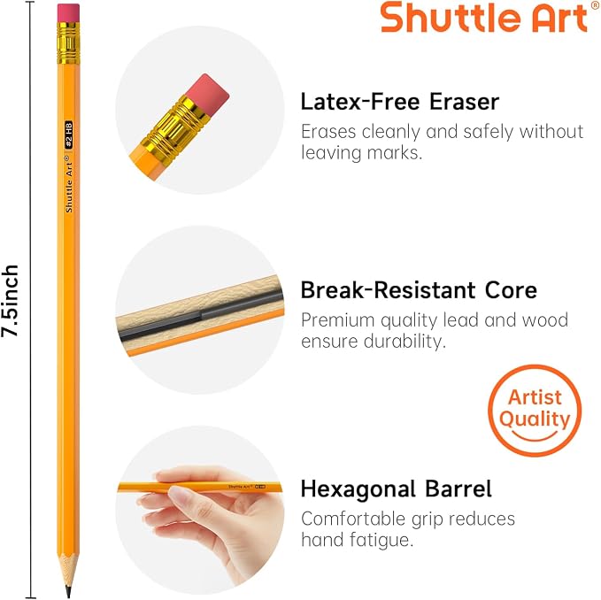 Shuttle Art 60 Pack Pencils, #2 HB, Pre-sharpened Pencils with Top Erasers, Premium Woodcased Yellow Pencil Bulk for Classroom & School Supplies, Writing and Drawing